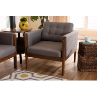Baxton Studio BBT8041-Grey-CC Lenne Mid-Century Modern Grey Fabric Upholstered Walnut Finished Armchair